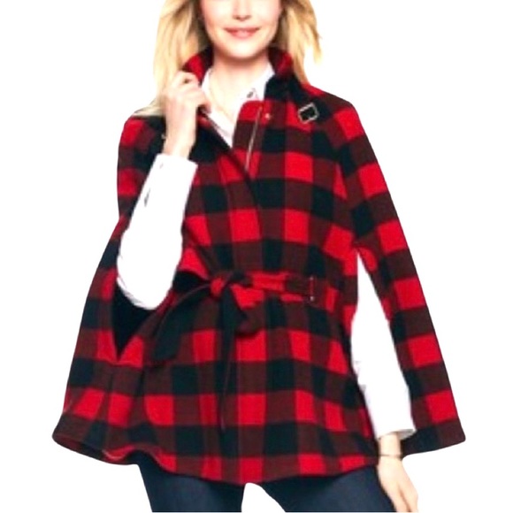 C. Wonder Jackets & Blazers - C. Wonder Black & Red Buffalo Check Wool Blend Belted Mock Neck Cape Size Medium